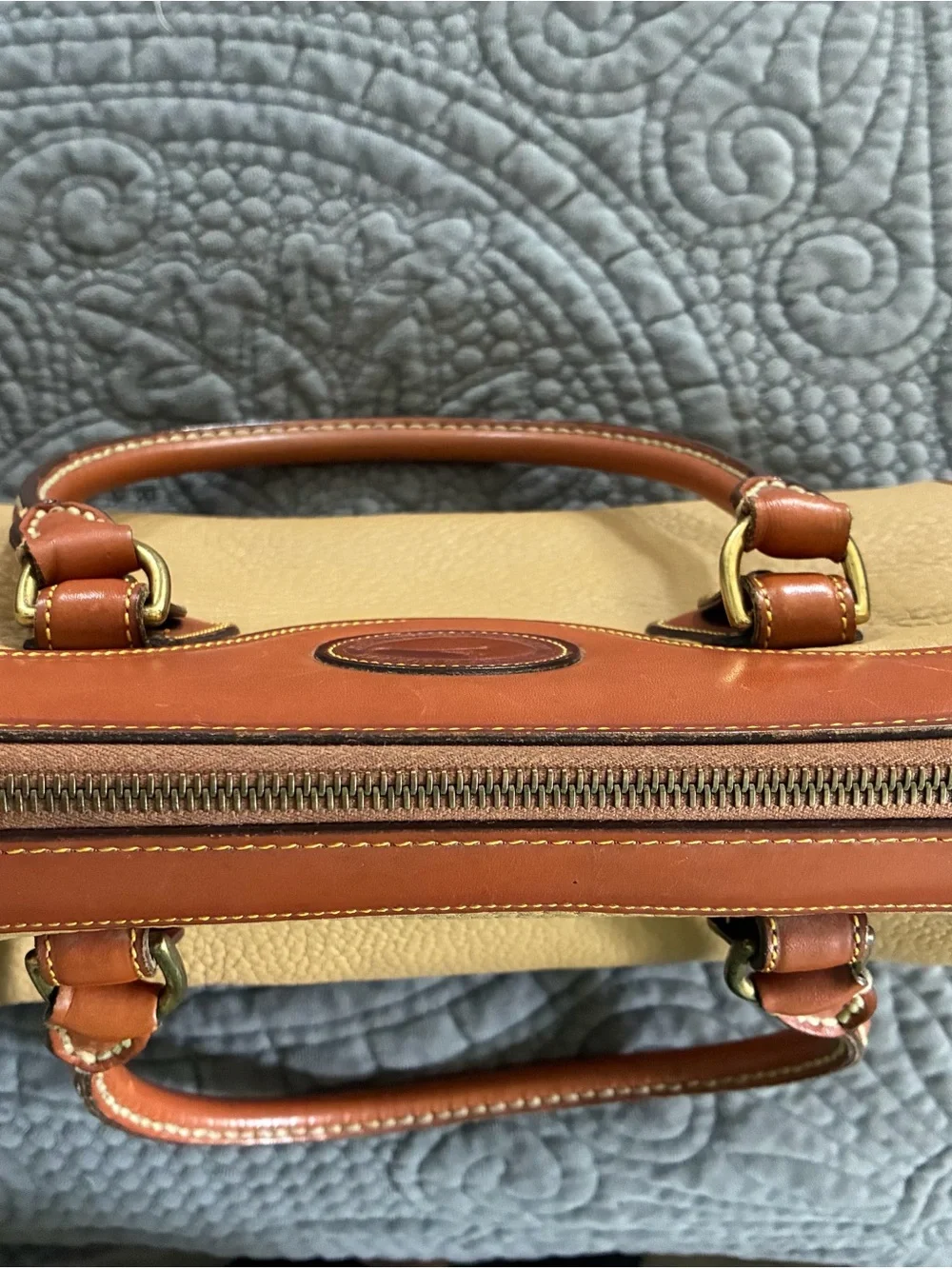Dooney & Bourke Tan Pebble Leather Satchel with Brown Trim
